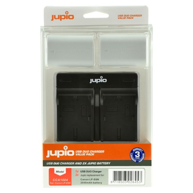 Jupio LP-E6N Ultra 2040mAh 2-pack + dubbel USB laddare, Canon Värdepaket