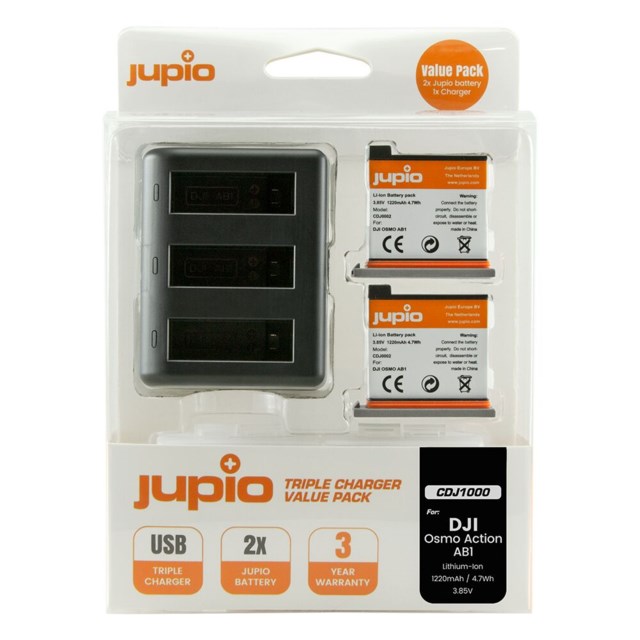 Jupio AB1 1220mAh 2-pack + USB Triple Charger DJI Osmo Action Batteri
