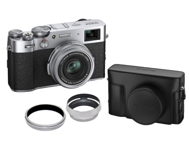 Fujifilm X100V Silver + väska LC-X100V svart skinn + Motljusskydd silver LH-JX100 metall