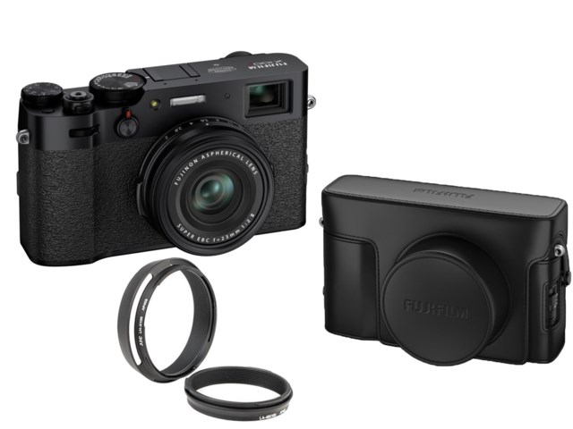 Fujifilm X100V Svart + väska LC-X100V svart skinn + Motljusskydd Svart LH-JX100 metall